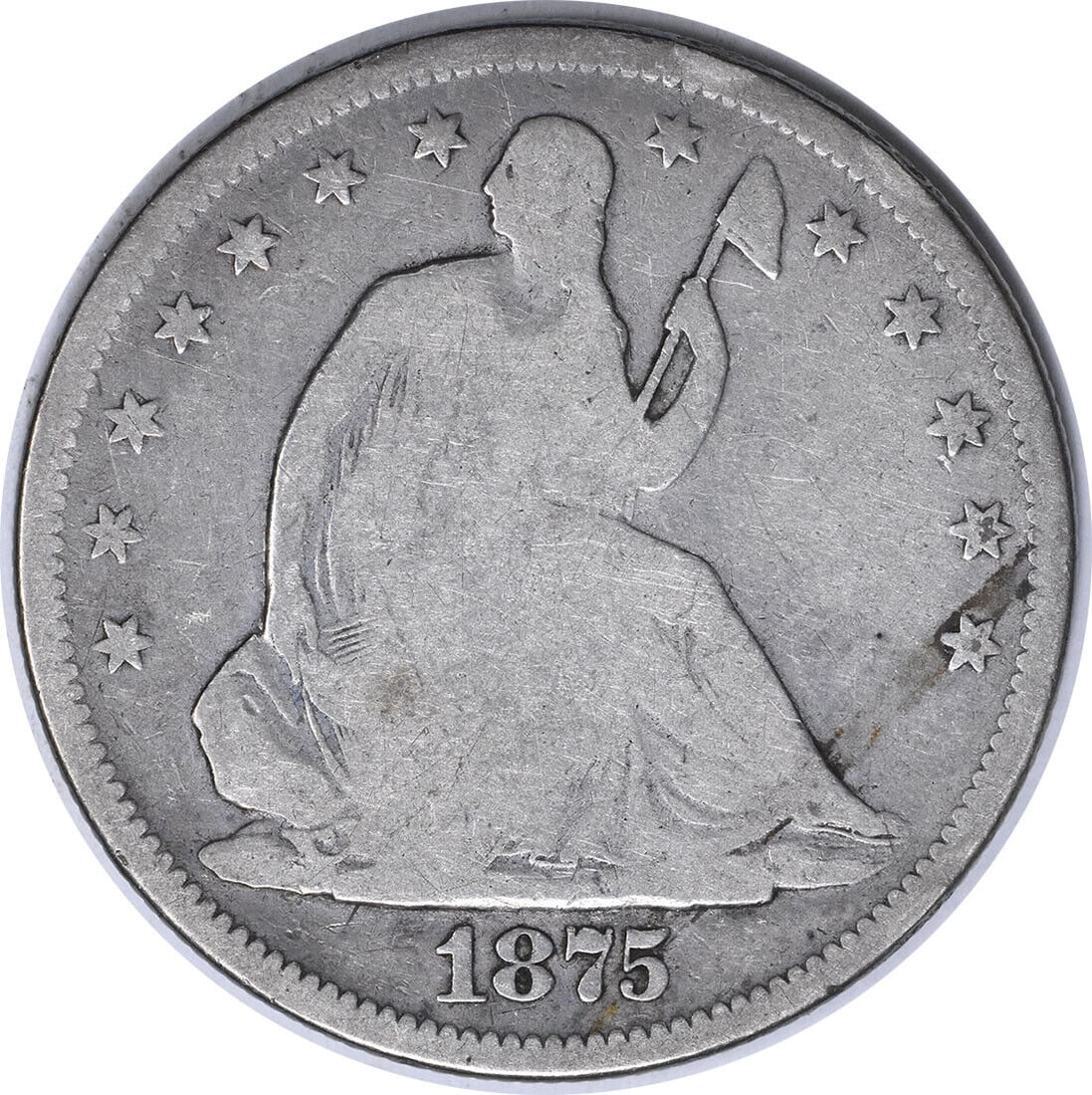 1875-S Micro S Liberty Seated Silver Half Dollar G Circulated: 1875-S Micro S Liberty Seated Silver Half Dollar G Circulated This 1875-S Micro S Liberty Seated Silver Half Dollar showcases the classic design by Thomas Sully and Christian Gobrecht. Struck in San F