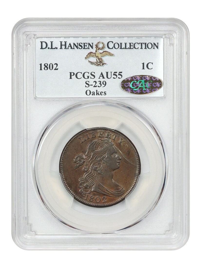 1802 1C Draped Bust Cent AU55 (S-239): 1802 1C Draped Bust Cent AU55 (S-239) This 1802 Draped Bust Cent is graded AU55 by PCGS and features the coveted Gold CAC sticker, signifying exceptional quality. Known as the "Elephant Trunk" variety