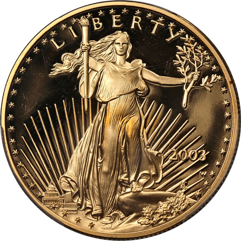 2003-W Gold American Eagle Coin PCGS PR70 DCAM: 2003-W Gold American Eagle Coin PCGS PR70 DCAM This stunning 2003-W Gold American Eagle coin is certified by PCGS with a perfect grade of PR70 DCAM, showcasing its exceptional quality and detail. The 