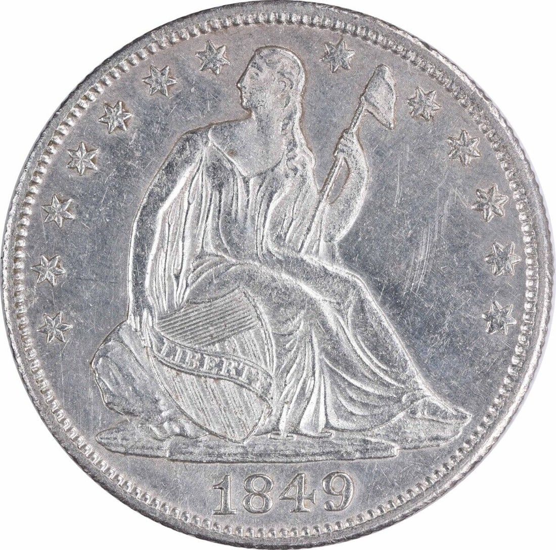 1849-O Liberty Seated Silver Half Dollar AU Circulated: 1849-O Liberty Seated Silver Half Dollar AU Circulated This 1849-O Liberty Seated Silver Half Dollar showcases a stunning design by Thomas Sully and Christian Gobrecht. The coin, minted in New Orleans