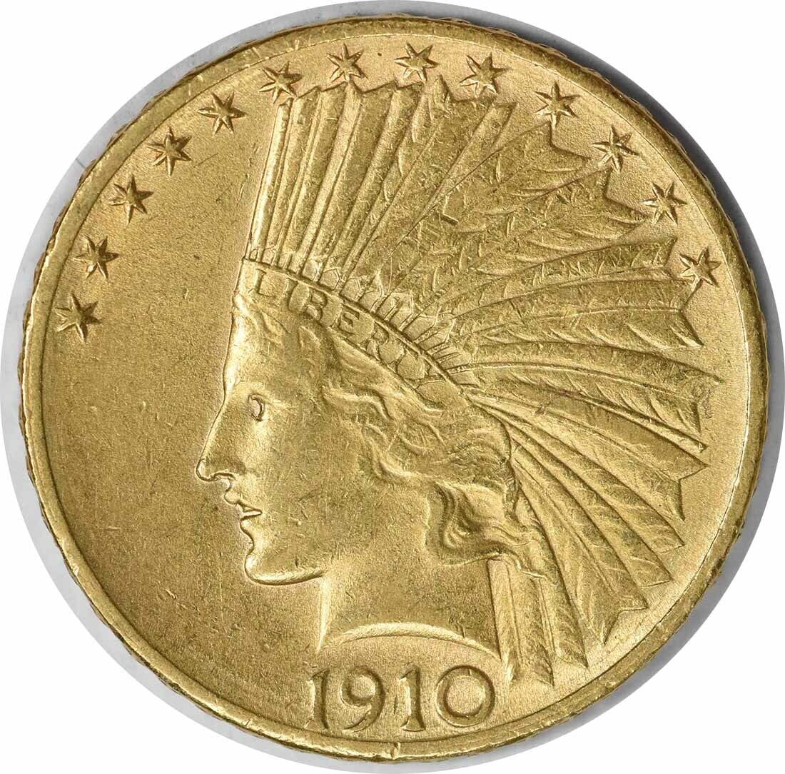 1910-D $10 Gold Indian AU Circulated Uncertified: 1910-D $10 Gold Indian AU Circulated Uncertified This 1910-D $10 Gold Indian coin is a stunning piece designed by Augustus Saint Gaudens, showcasing a Native American head adorned with a feathered hea