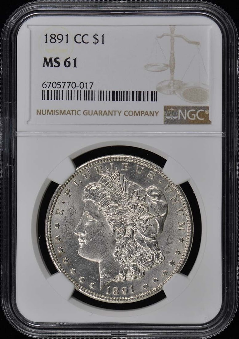 1891-CC Morgan Dollar NGC MS61 Uncirculated: 1891-CC Morgan Dollar NGC MS61 Uncirculated This 1891-CC Morgan Dollar is graded MS61 by NGC, indicating its uncirculated condition. Minted in Carson City, this iconic silver dollar features a detaile