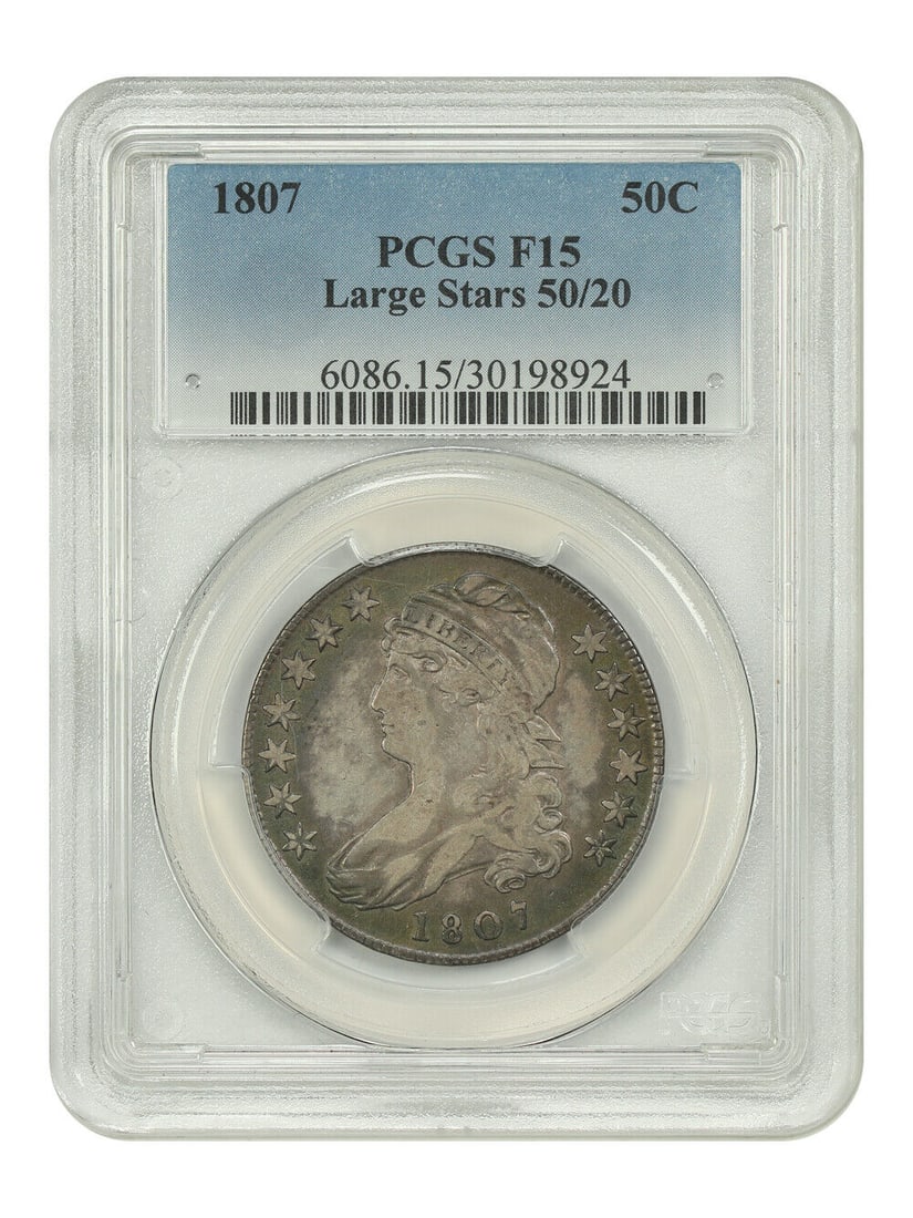 1807 50C PCGS Circulated Fine 15 - Capped Bust Half Dollar: 1807 50C PCGS Circulated Fine 15 - Capped Bust Half Dollar This 1807 Capped Bust Half Dollar is a notable piece for collectors, featuring the first year of the Capped Bust design. Graded by PCGS as Fi