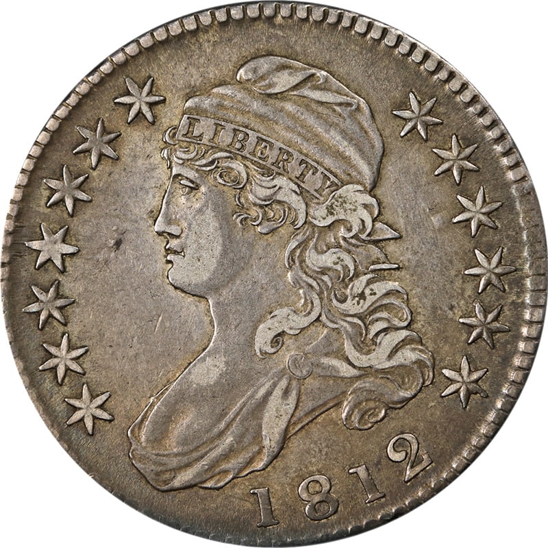 1812 Bust Half Dollar Choice XF Silver Circulated: 1812 Bust Half Dollar Choice XF Silver Circulated This 1812 Bust Half Dollar coin showcases stunning eye appeal and a strong strike. Featuring the profile of a woman adorned with a cap, the coin is in