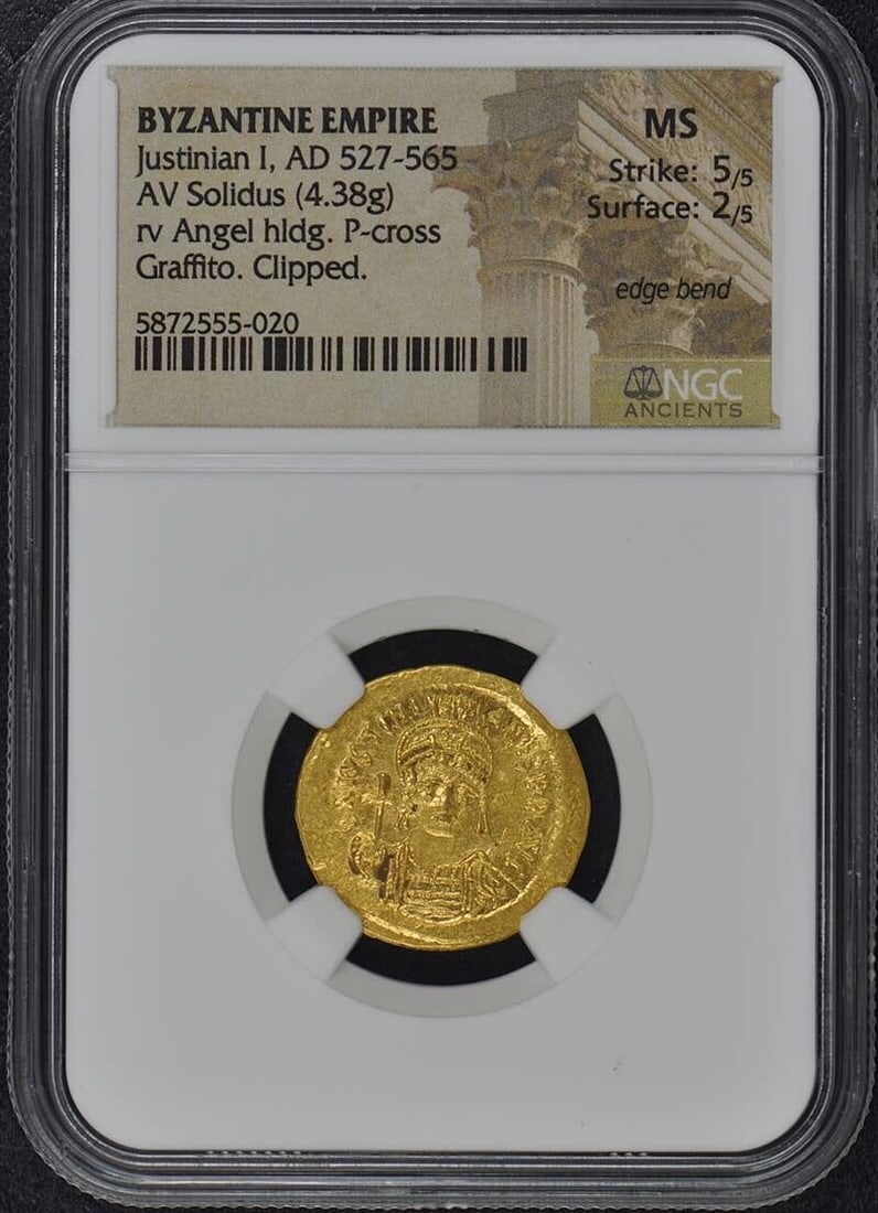 Byzantine Empire Gold Solidus Coin Justinian I 527-565 NGC MS60: Byzantine Empire Gold Solidus Coin Justinian I 527-565 NGC MS60 This exquisite gold solidus coin from the Byzantine Empire features a detailed depiction of Emperor Justinian I on the obverse, symboliz