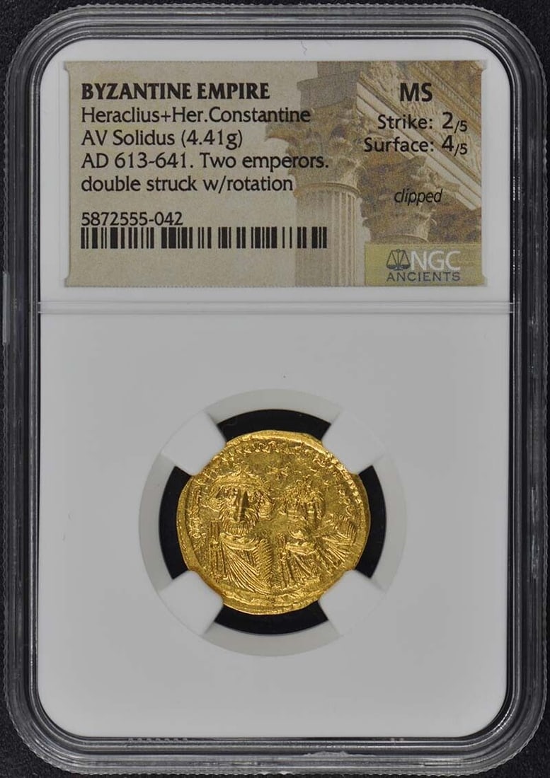 Heraclius & Her Constantinus Byzantine Empire AV Solidus NGC MS60 Double Struck: Heraclius & Her Constantinus Byzantine Empire AV Solidus NGC MS60 Double Struck This exquisite gold solidus coin from the Byzantine Empire features the emperors Heraclius and Constantine, showcasing i