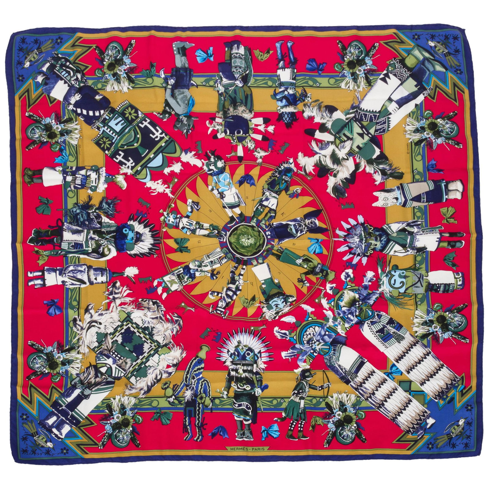 Rare Hermes Kachinas Scarf by Kermit Oliver 34 x 34 Cherry Red Silk: Rare Hermes Kachinas Scarf by Kermit Oliver 34 x 34 Cherry Red Silk This collectible Hermes Kachinas scarf, designed by Kermit Oliver, is a stunning piece crafted from luxurious silk twill. The scarf 
