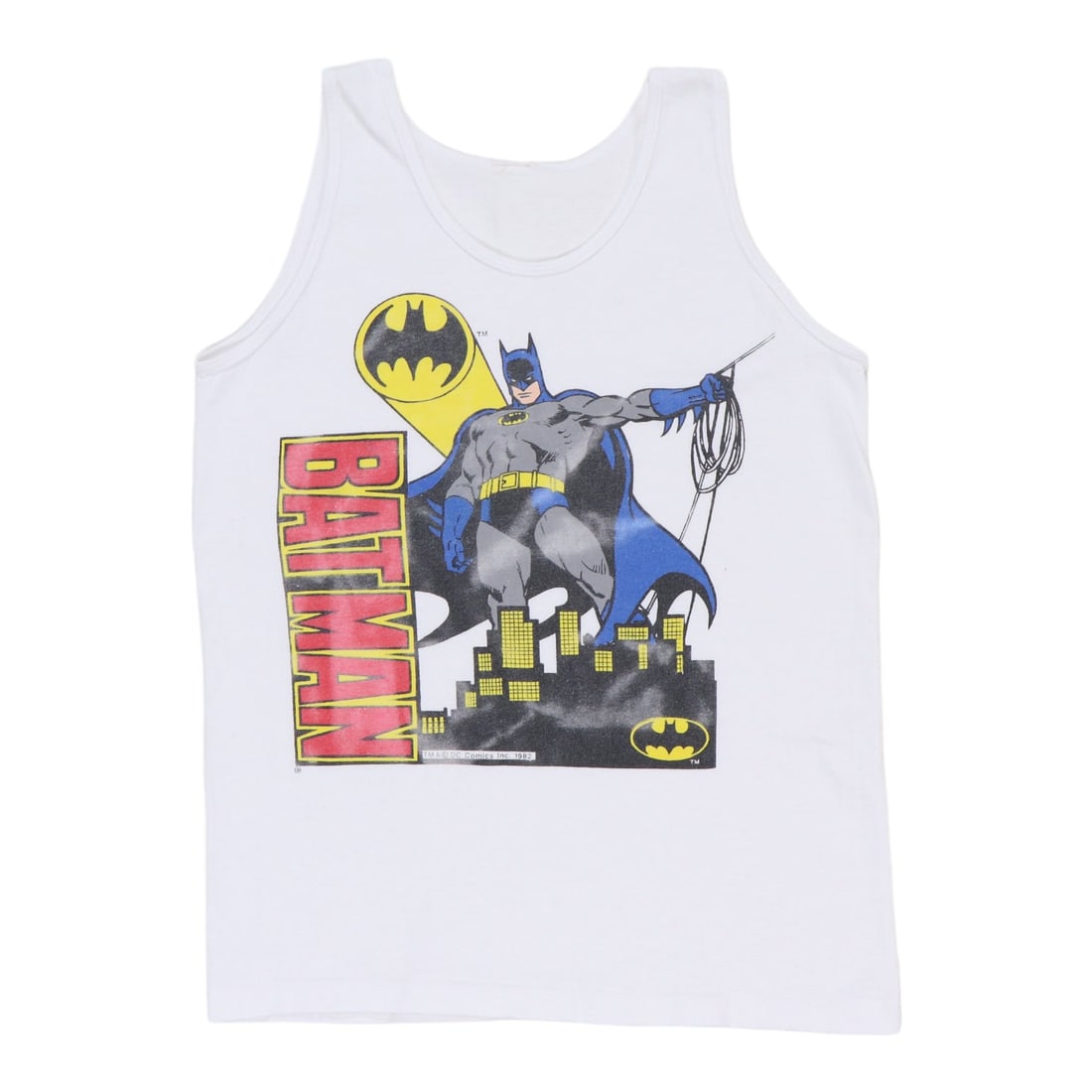 Vintage 1980s Batman DC Comics White Tank Top Shirt 100% Cotton 17 x 22: Vintage 1980s Batman DC Comics White Tank Top Shirt 100% Cotton 17 x 22 Step back in time with this original vintage 1980s Batman DC Comics tank top shirt. This classic piece features a timeless desig