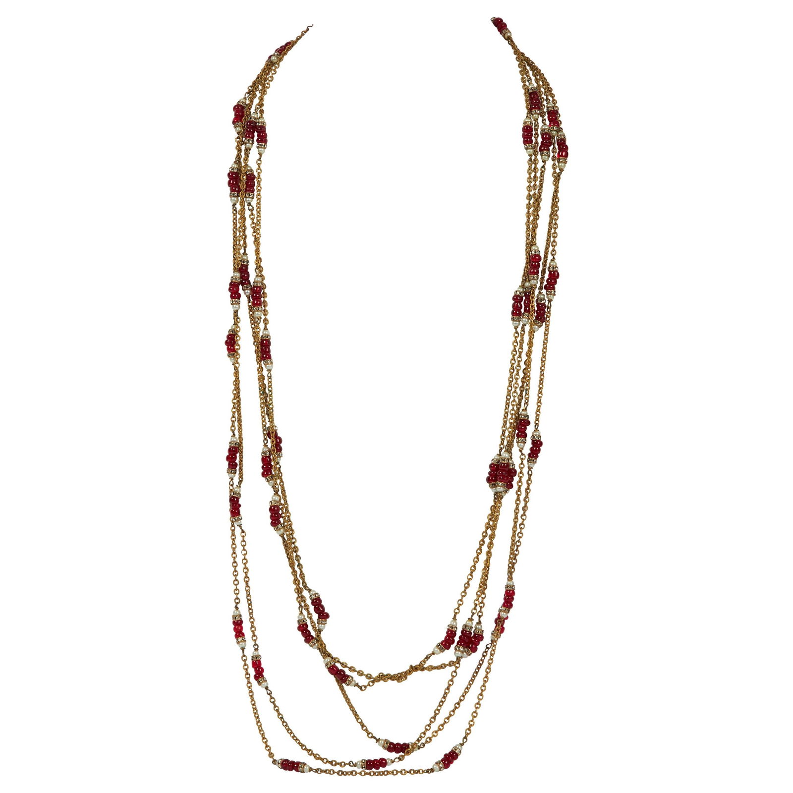 1960s Chanel Gripoix 5-Strand Necklace Red Faux-Pearl: 1960s Chanel Gripoix 5-Strand Necklace Red Faux-Pearl Explore this stunning 1960s Vintage Chanel Gripoix 5-Strand Necklace, a true statement piece that showcases the elegance of Chanel's design. This