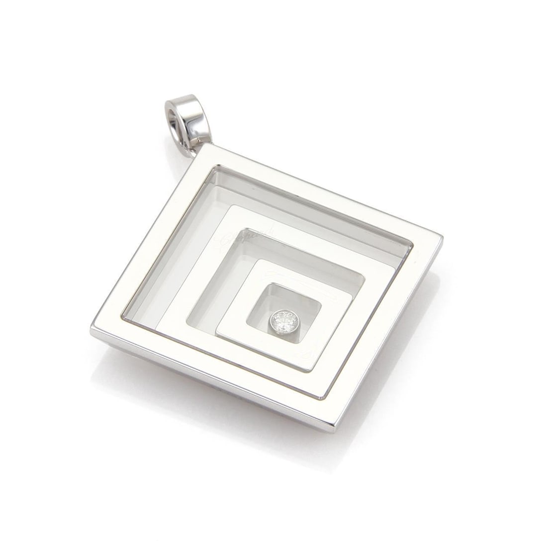 Chopard Happy Spirit 18k White Gold Diamond Triple Square Pendant: Chopard Happy Spirit 18k White Gold Diamond Triple Square Pendant This exquisite Chopard Happy Spirit pendant showcases a stunning triple square maze design crafted from 18k white gold with a high pol
