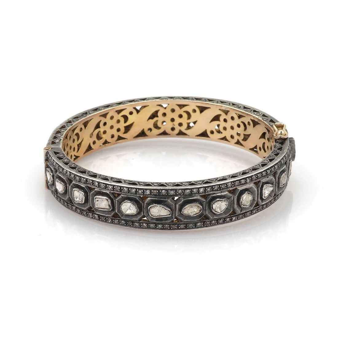 Champagne Diamond Filigree Bangle Bracelet in 14k Gold and Silver: Champagne Diamond Filigree Bangle Bracelet in 14k Gold and Silver This exquisite Champagne Diamond Bangle combines the elegance of Art Deco styling with the luxurious touch of 14k gold and silver. Cra