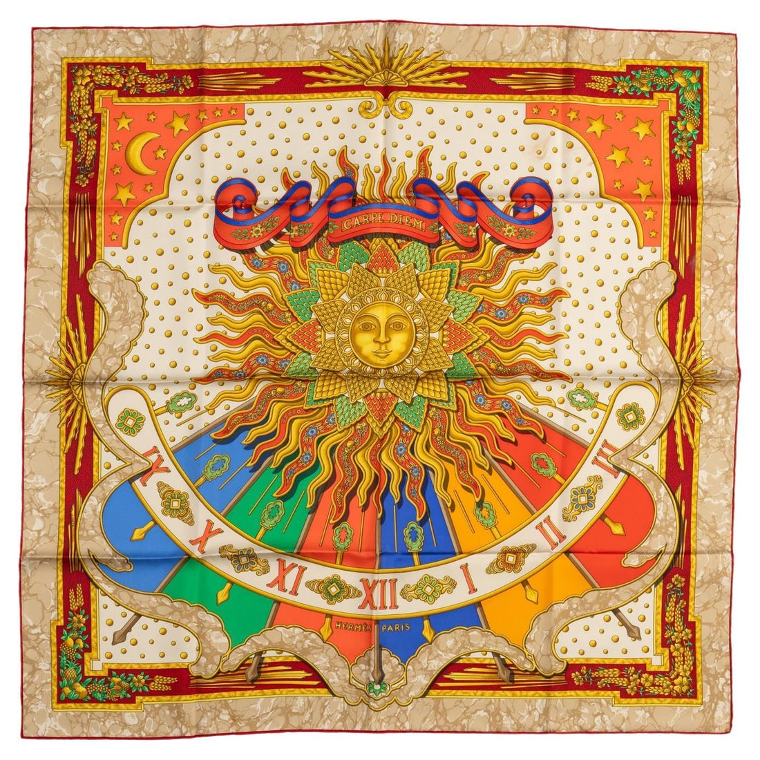 Hermes Carpe Diem Silk Scarf 35x35in Designed by Joachim Metz: Hermes Carpe Diem Silk Scarf 35x35in Designed by Joachim Metz Experience luxury with the Hermes "Carpe Diem" Silk Scarf, designed by Joachim Metz. This exquisite scarf is crafted from 100% silk, showc