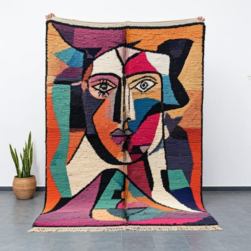 130 x 134 Moroccan Berber Picasso-Inspired Rug: 130 x 134 Moroccan Berber Picasso-Inspired Rug Enhance your living space with this exquisite Moroccan Berber rug, featuring a captivating design that blends traditional Amazigh motifs with a modern, P