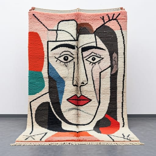 83 x 94 Moroccan Berber Rug: 83 x 94 Moroccan Berber Rug Elevate your space with this stunning 83 x 94 Moroccan Berber rug, combining traditional Amazigh motifs with a modern Picasso-inspired aesthetic. The bold geometric shapes 