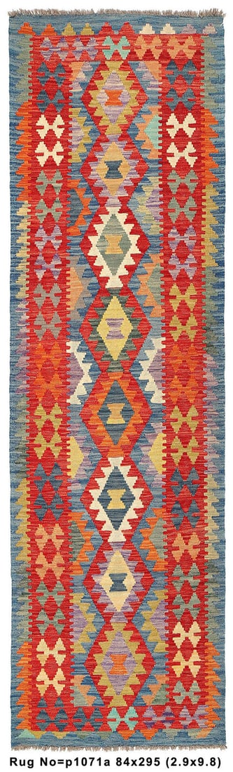 Handmade 2.9 x 9.8 Feet Kilim Wool Rug with Vegetable Dyes: Handmade 2.9 x 9.8 Feet Kilim Wool Rug with Vegetable Dyes Introduce timeless elegance to your space with this 10-foot runner Kilim rug, meticulously crafted from natural wool using traditional techni
