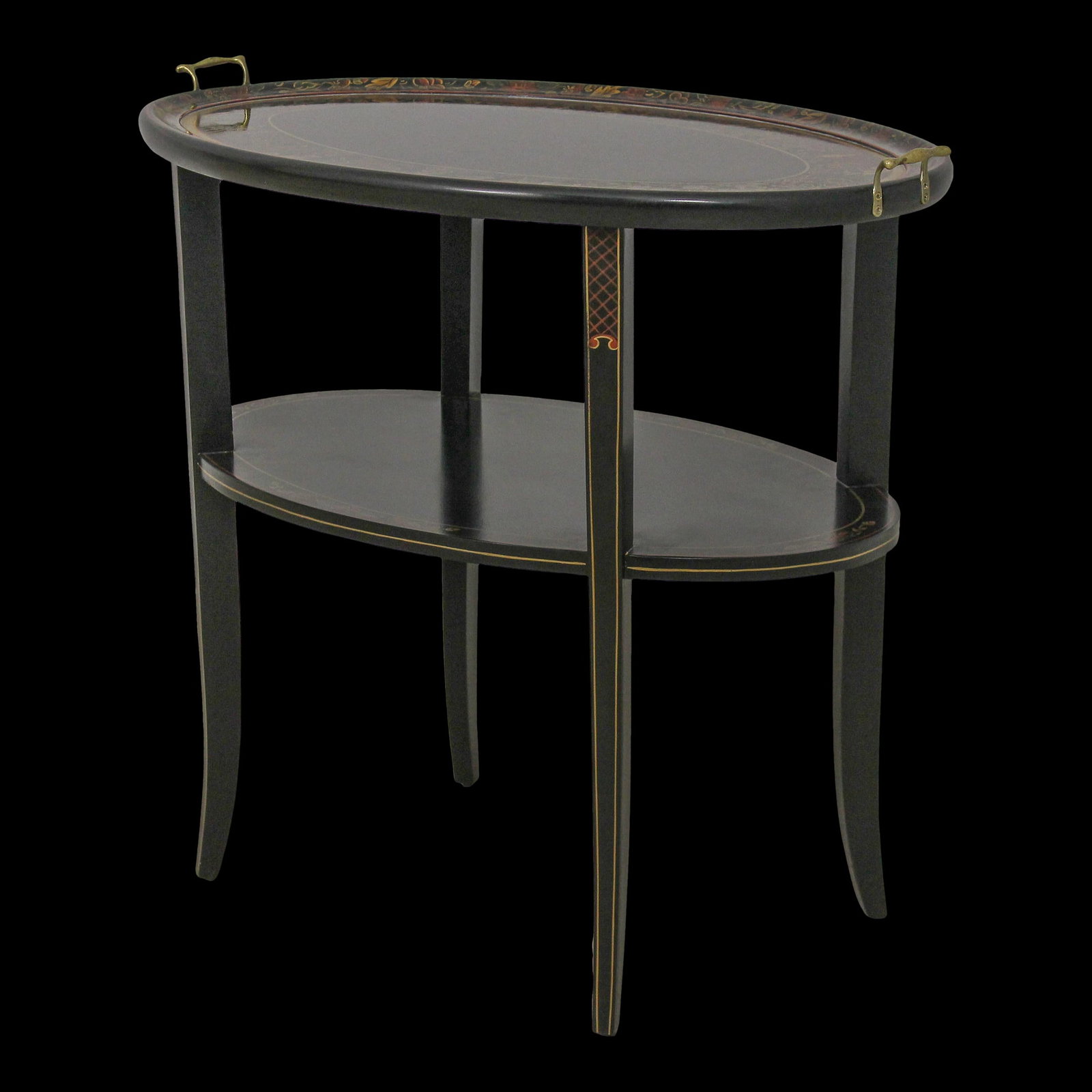 Elegant Black Chinoiserie 2-Tier Oval Table with Brass Handles 31 x 20 x 27.5: Elegant Black Chinoiserie 2-Tier Oval Table with Brass Handles 31 x 20 x 27.5 This elegant Chinoiserie decorated oval occasional table features a striking black finish complemented by brass handle end