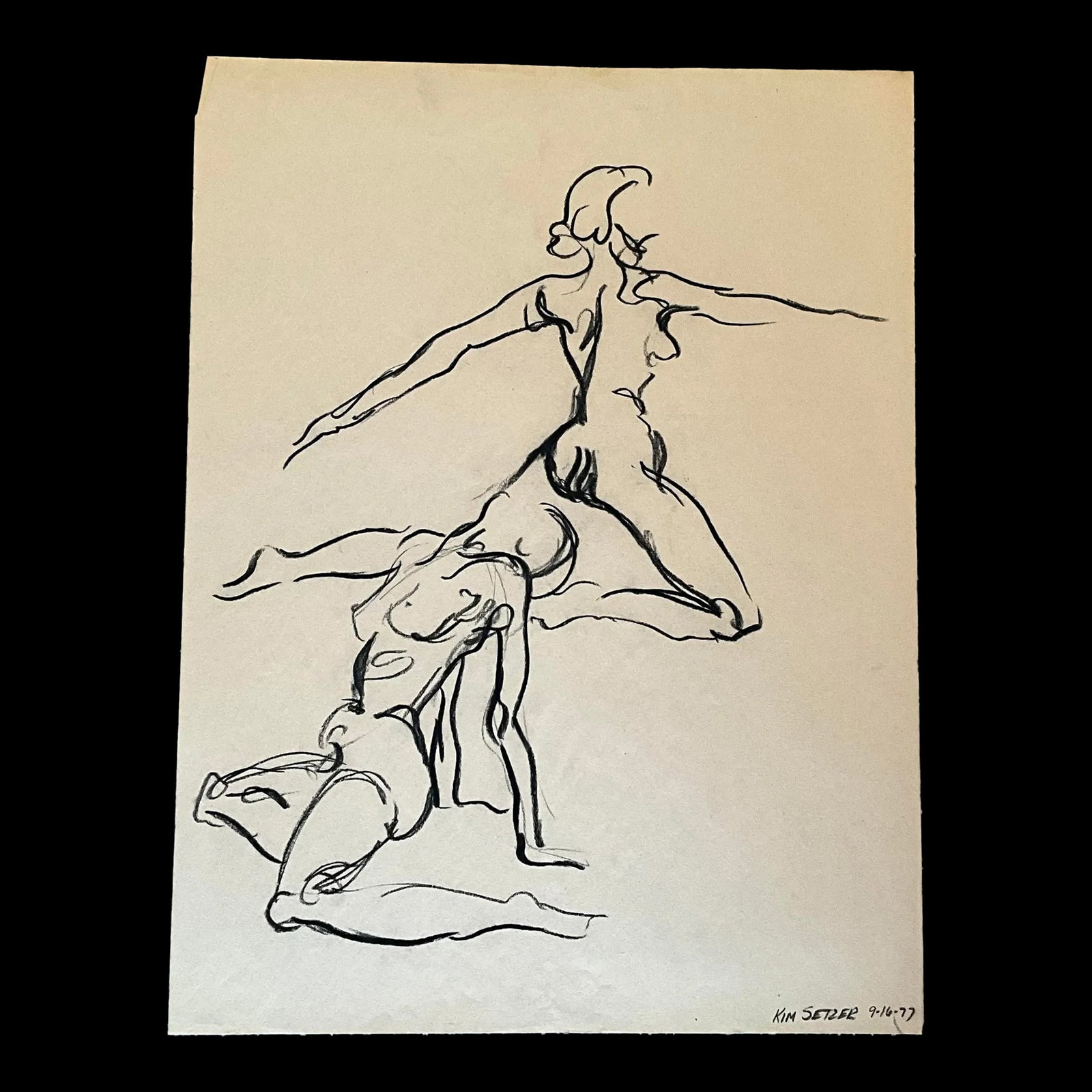 Kim Setzer Vintage Boho Signed Nude Sketch 18 x 23.75 in: Kim Setzer Vintage Boho Signed Nude Sketch 18 x 23.75 in This Vintage Boho Original Signed Nude Sketch by Kim Setzer captures the essence of the human form through graceful lines and soft shading. The