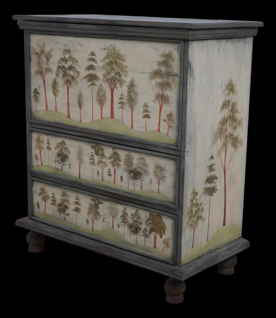 Rufus Porter Inspired Handcrafted Blanket Chest by Liz Hawes 37.5w x 19d x 42h: Rufus Porter Inspired Handcrafted Blanket Chest by Liz Hawes 37.5w x 19d x 42h This hand-crafted blanket chest showcases a stunning folk art design inspired by Rufus Porter. Made around 2006, it featu
