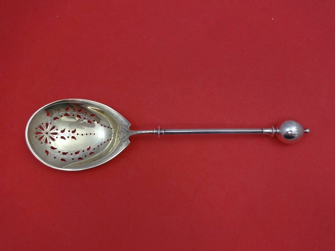 George Sharp Ball End Sterling Silver Gold Washed Pea Spoon 10 1/4": George Sharp Ball End Sterling Silver Gold Washed Pea Spoon 10 1/4" This exquisite pea spoon features the classic Ball End pattern by renowned maker George Sharp. Crafted from high-quality sterling si