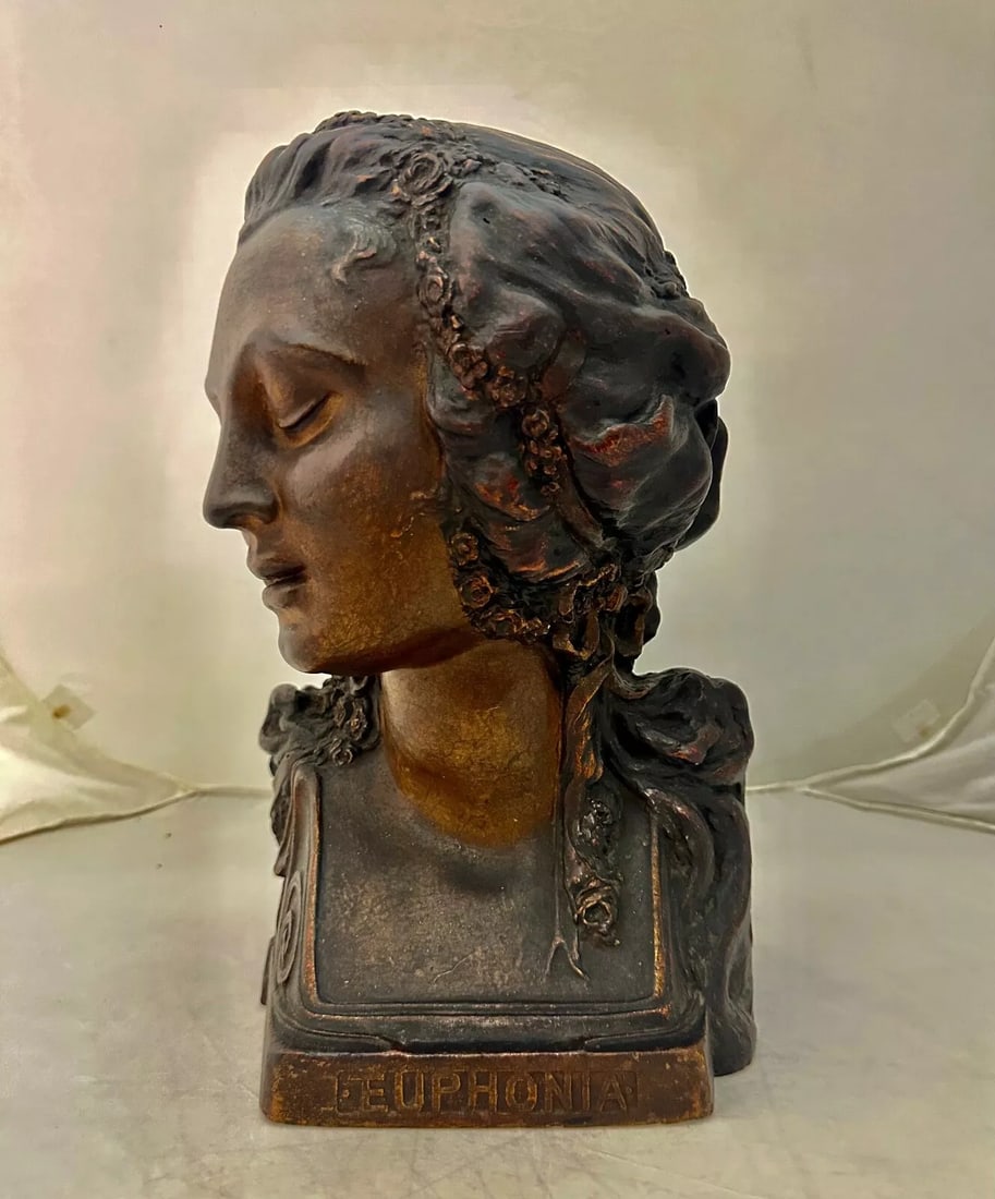 Euphonia 1917 Molded Plaster Phone Case Female Bust with Cherubs 13 3/4" Tall: Euphonia 1917 Molded Plaster Phone Case Female Bust with Cherubs 13 3/4" Tall Introducing the exquisite Euphonia Hide A Phone Case, a stunning vintage piece that showcases the artistry of L. C. Meyer,