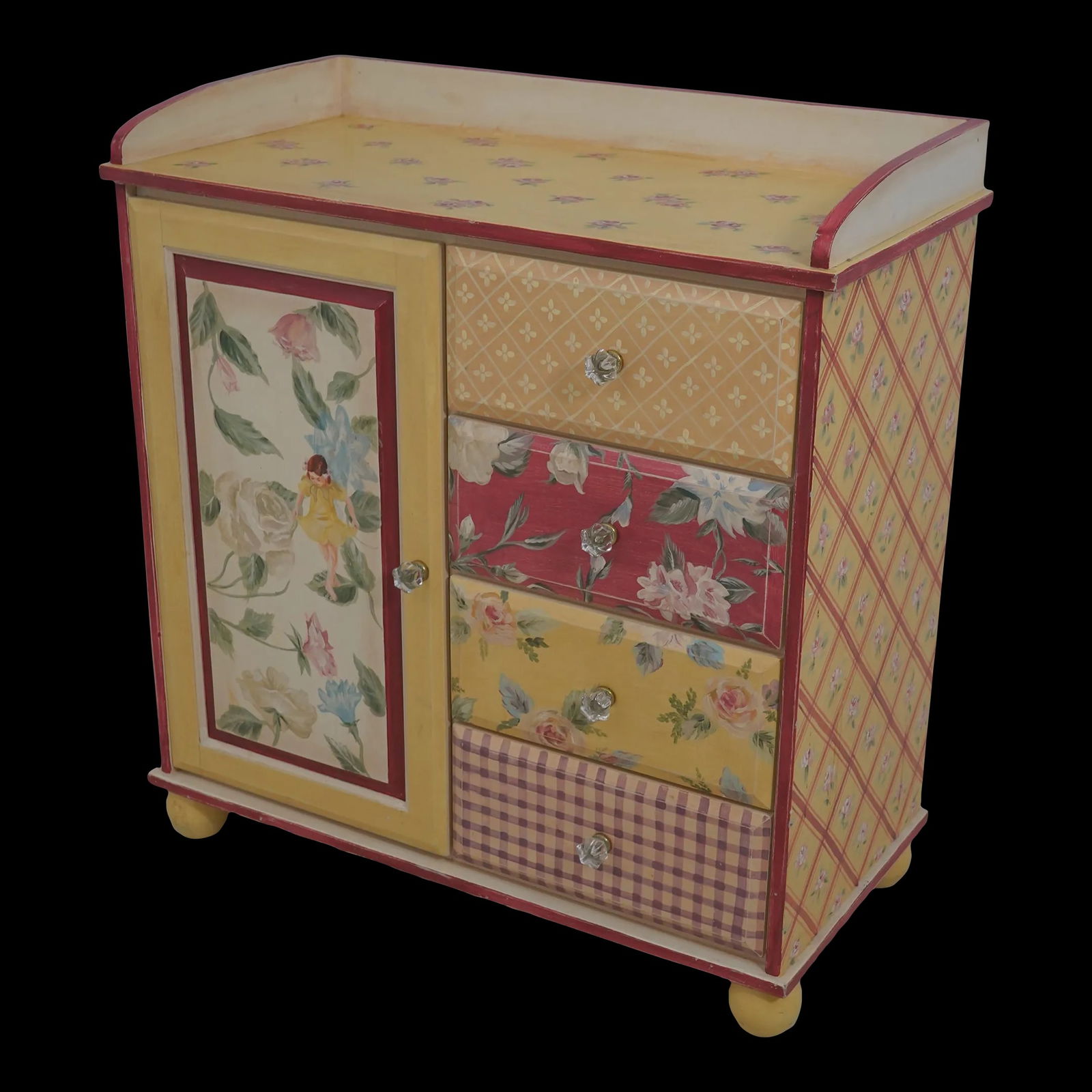 Whimsical Yellow Hand-Painted Dressing Table Cabinet 36x18x38: Whimsical Yellow Hand-Painted Dressing Table Cabinet 36x18x38 This charming dressing table cabinet features a whimsical hand-painted design, showcasing its unique character. Crafted approximately 40 y