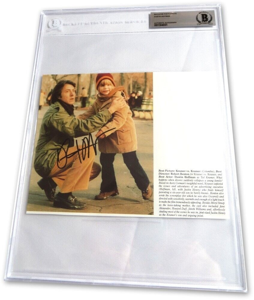 Dustin Hoffman Autographed Photo 8.75 x 12 Kramer vs. Kramer Beckett Authenticated: Dustin Hoffman Autographed Photo 8.75 x 12 Kramer vs. Kramer Beckett Authenticated This original magazine photo features a signed autograph of Dustin Hoffman from the acclaimed movie "Kramer vs. Krame