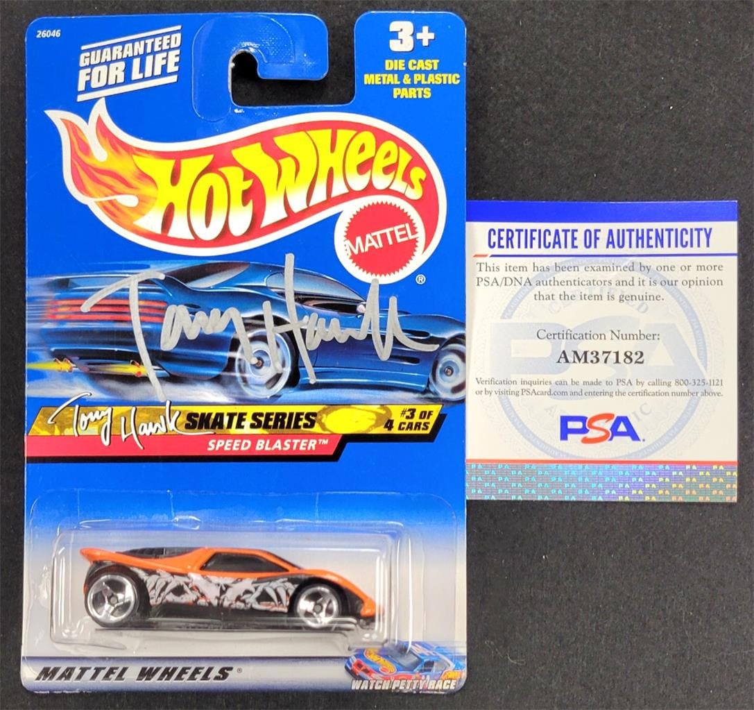 Tony Hawk Autographed Hot Wheels Skate Speed Blaster LE 2000 PSA: Tony Hawk Autographed Hot Wheels Skate Speed Blaster LE 2000 PSA This collectible Die Cast Car features a design inspired by skateboarding and is signed by the legendary skateboarder Tony Hawk. Authen