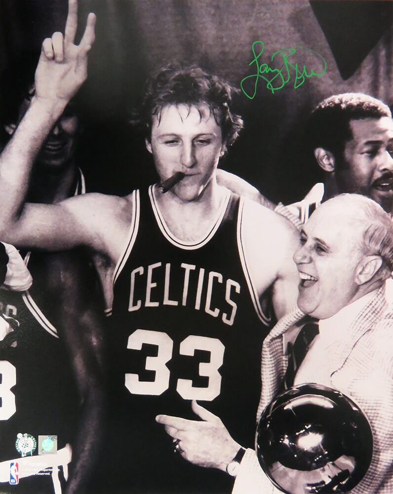 Larry Bird Signed 16x20 Boston Celtics Celebration Photo with Auerbach: Larry Bird Signed 16x20 Boston Celtics Celebration Photo with Auerbach Celebrate the legacy of basketball legend Larry Bird with this stunning original black and white 16x20 photograph capturing the i