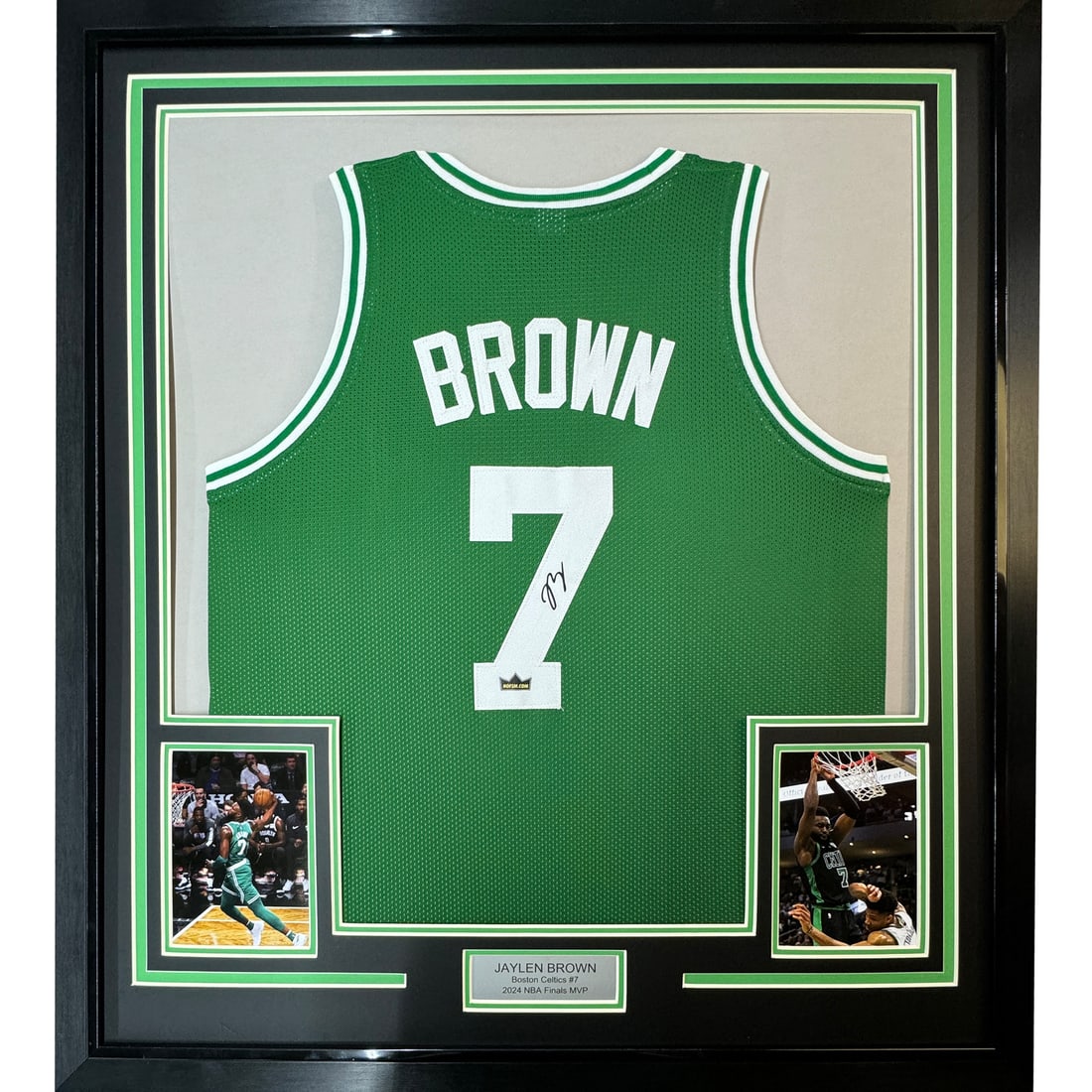Framed Jaylen Brown 33x42 Green Facsimile Jersey JSA Authenticated: Framed Jaylen Brown 33x42 Green Facsimile Jersey JSA Authenticated Celebrate the achievements of Jaylen Brown with this stunning framed facsimile autographed jersey. This 33x42 reprint features a vibr