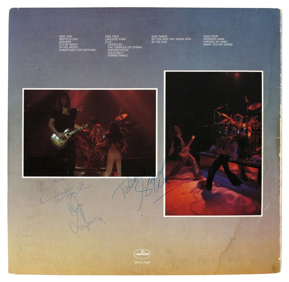 Rush Signed Album Cover with Vinyl by Lee Lifeson Peart Beckett Authenticated: Rush Signed Album Cover with Vinyl by Lee Lifeson Peart Beckett Authenticated This authentic signed album cover features the iconic Canadian rock band Rush, with signatures from all three members: Ged