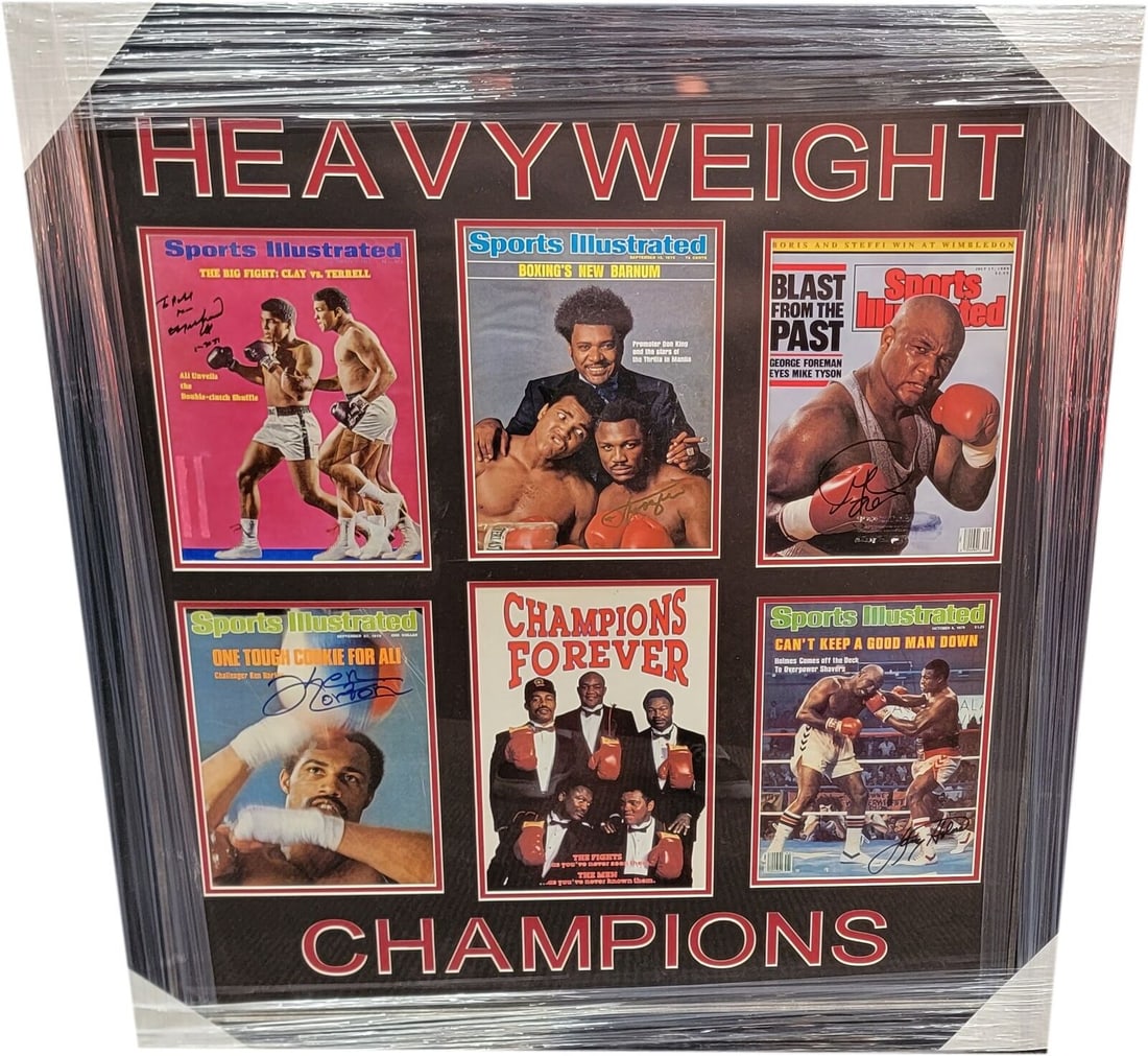 Framed Muhammad Ali Joe Frazier Signed Magazines 34 x 37 JSA Authenticated: Framed Muhammad Ali Joe Frazier Signed Magazines 34 x 37 JSA Authenticated This stunning display features autographed magazines signed by boxing legends Muhammad Ali, Joe Frazier, George Foreman, Ken 