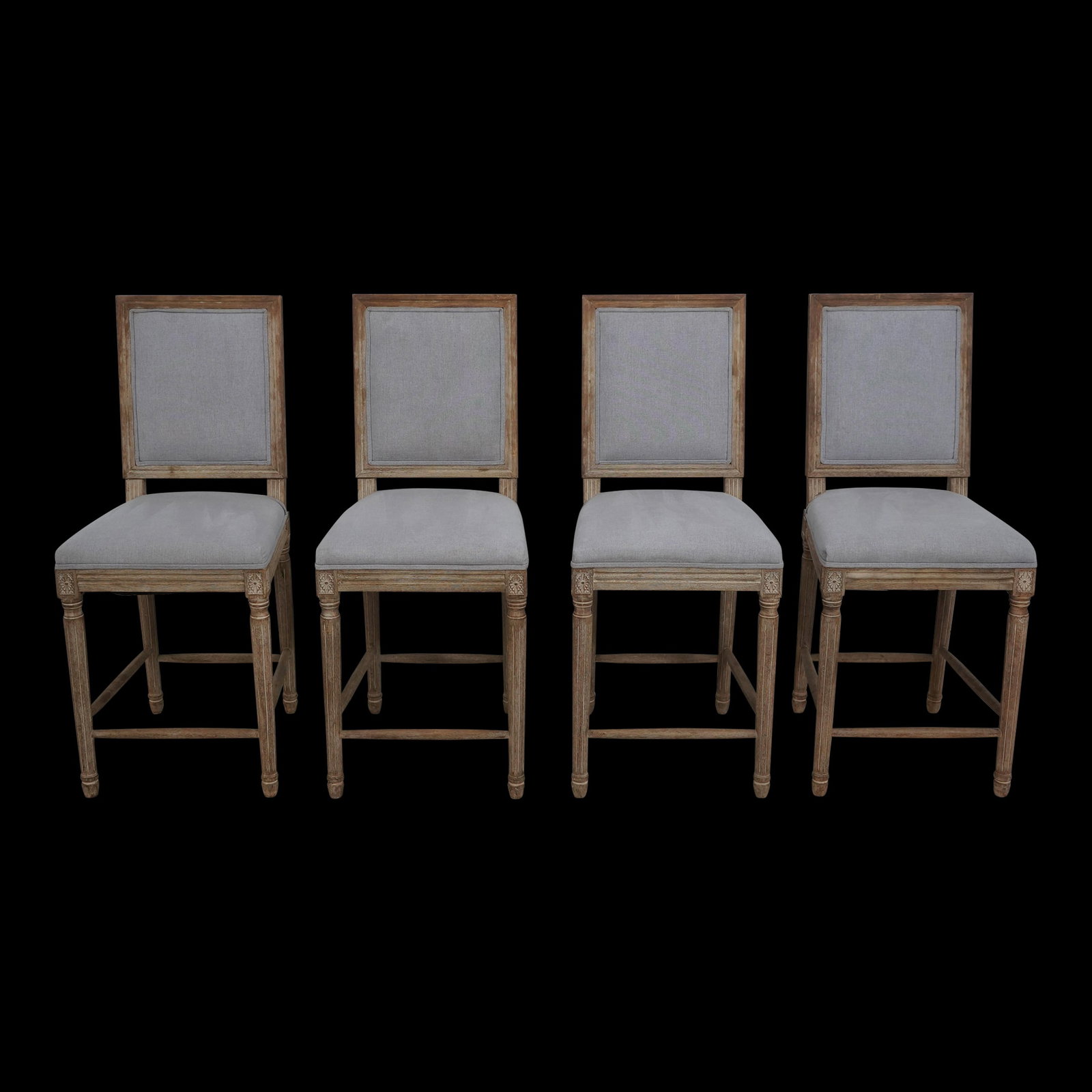 Set of Four French Louis XVI Bar Stools Gray Upholstery 18.5w x 20d x 42.5h: Set of Four French Louis XVI Bar Stools Gray Upholstery 18.5w x 20d x 42.5h Elevate your seating with this exquisite set of four French Louis XVI bar stools, expertly crafted and featuring neutral gra
