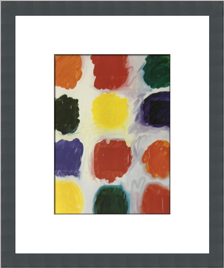 Mary Heilmann Franz West Custom Framed Abstract Print 12 x 14.5: Mary Heilmann Franz West Custom Framed Abstract Print 12 x 14.5 This custom framed print titled "Franz West" by artist Mary Heilmann showcases a vibrant abstract design featuring colored spots. Produc