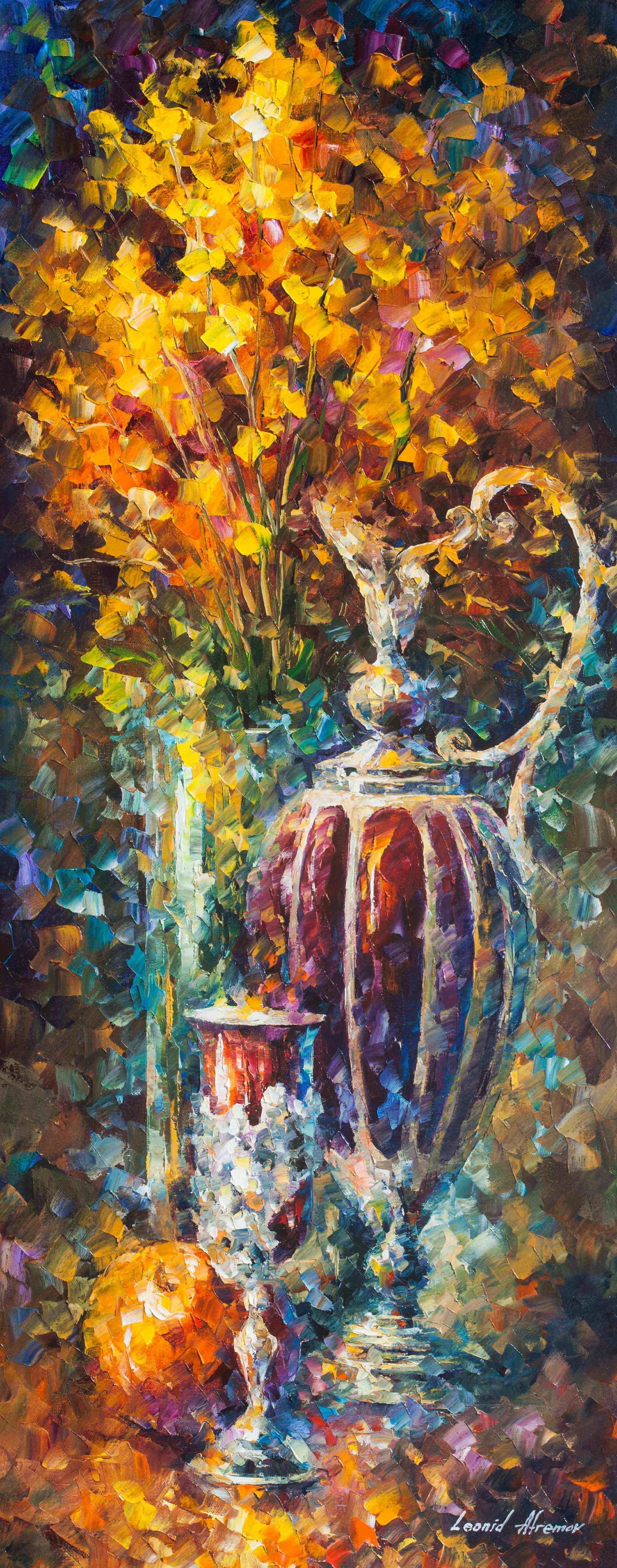 Leonid Afremov Red Vase Original Oil Painting 100x40cm: Leonid Afremov Red Vase Original Oil Painting 100x40cm Experience the vibrant beauty of this original oil painting titled "Red Vase" by renowned artist Leonid Afremov. This one-of-a-kind artwork is cr