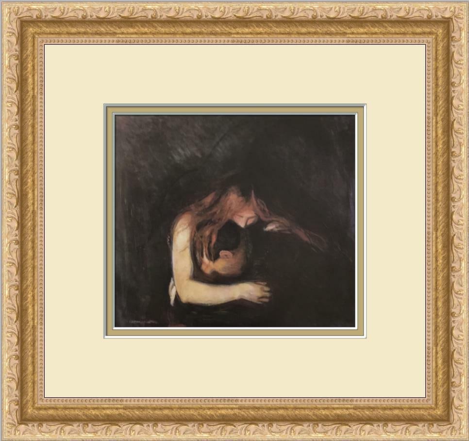 Edvard Munch Vampire Custom Framed Art Print 13 x 12.5 in: Edvard Munch Vampire Custom Framed Art Print 13 x 12.5 in This stunning custom framed print titled 'Vampire' by Edvard Munch captures the enigmatic essence of vampire figures through a figurative art
