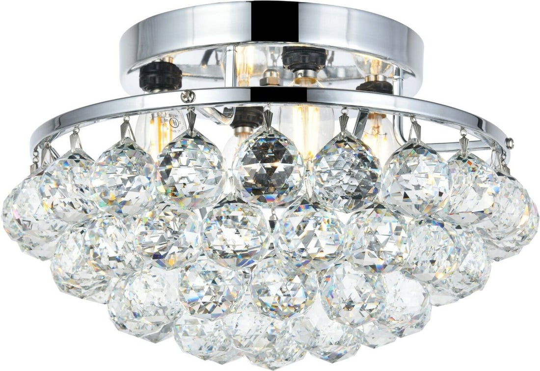 Corona Chrome 4-Light Semi-Flush Mount 14in Crystal Ball Fixture: Corona Chrome 4-Light Semi-Flush Mount 14in Crystal Ball Fixture Illuminate your space with this stunning semi-flush mount chandelier featuring four lights and a beautiful chrome finish. Designed in a