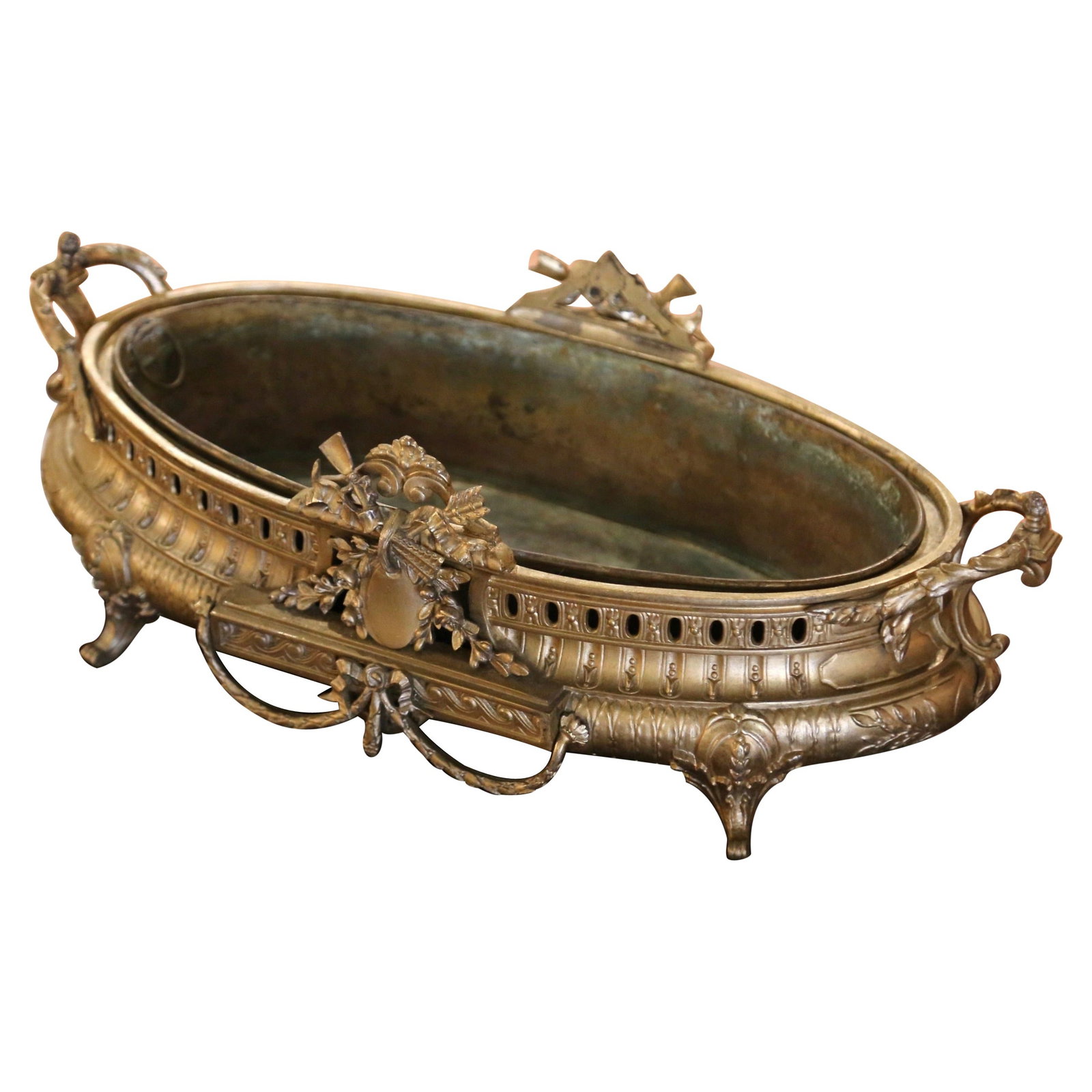 Antique Bronze Jardiniere Napoleon III Style with Zinc Liner 17 x 9 x 5.5: Antique Bronze Jardiniere Napoleon III Style with Zinc Liner 17 x 9 x 5.5 This elegant, antique bronze planter with original zinc liner was crafted in France, circa 1920. With intricate side handles, 