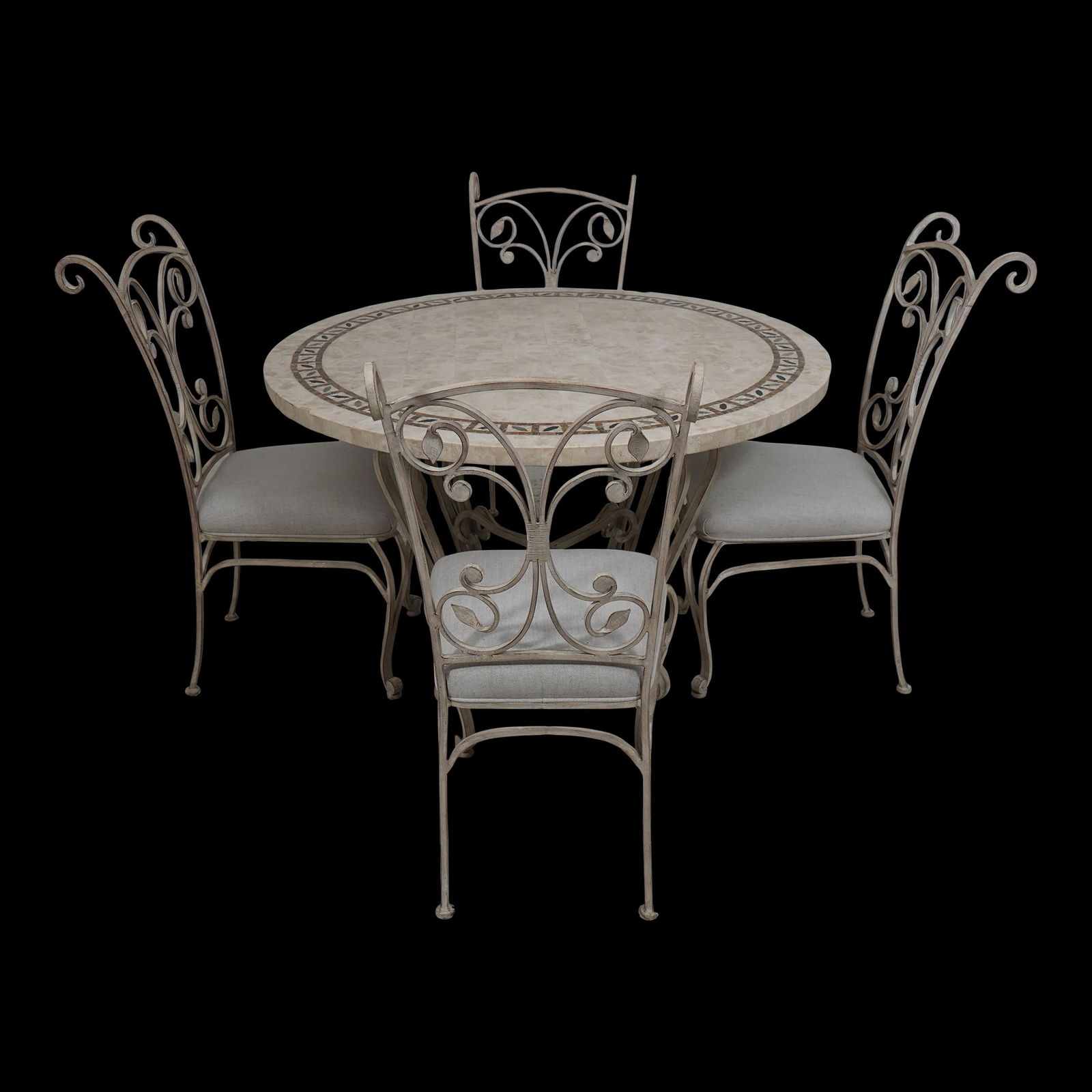 Charming Iron & Stone Round Dining Set with Tile Top: Charming Iron & Stone Round Dining Set with Tile Top Enhance your dining experience with this charming Iron & Stone W. Tile Round Table and Chairs Dining Set. Crafted with a beautiful scrolled iron ba