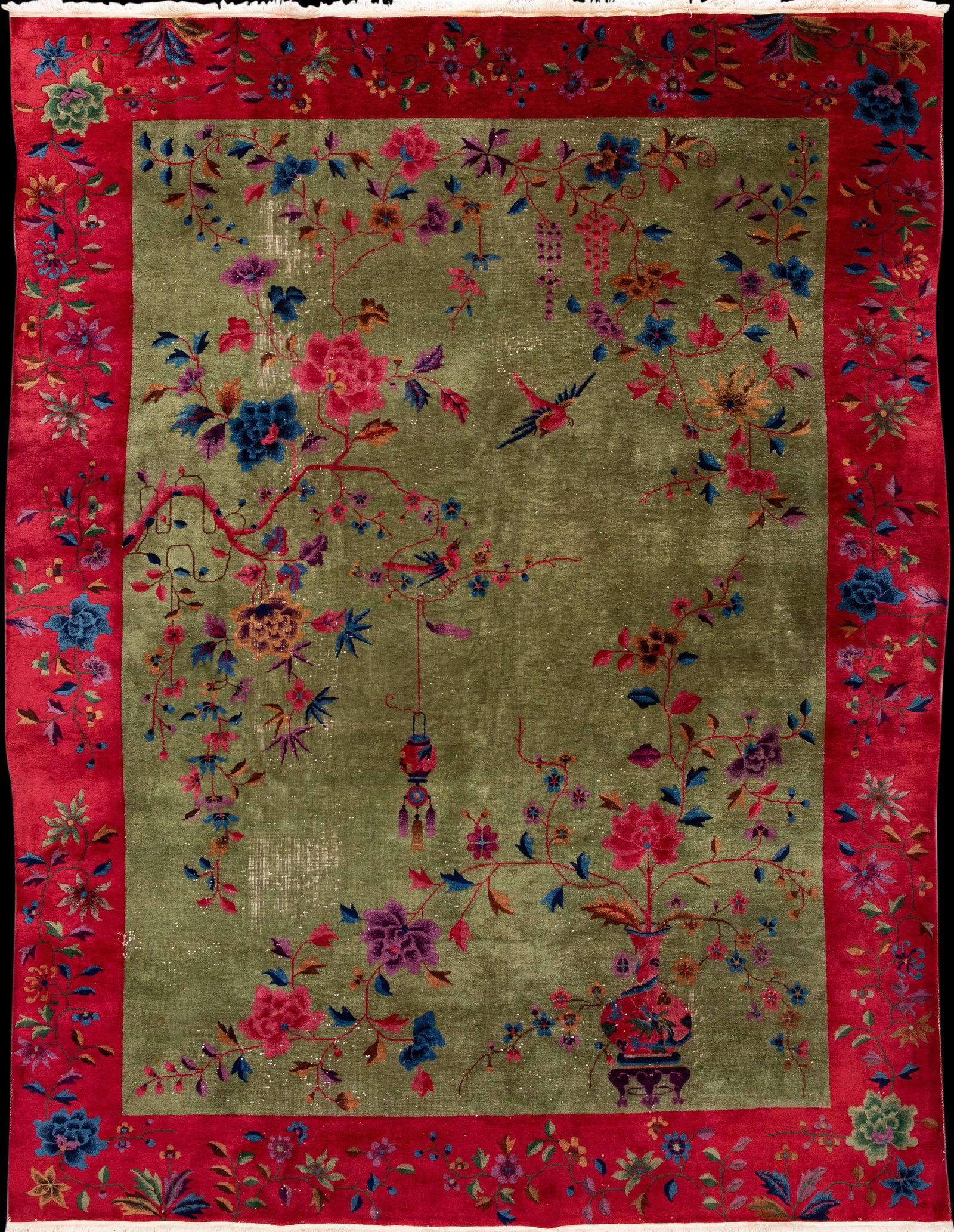 Antique Chinese Art Deco Wool Rug 8'10" x 11'5" Green Floral: Antique Chinese Art Deco Wool Rug 8'10" x 11'5" Green Floral Discover the beauty of this antique Chinese Art Deco rug, expertly hand-knotted from high-quality wool. It features a rich green field bord