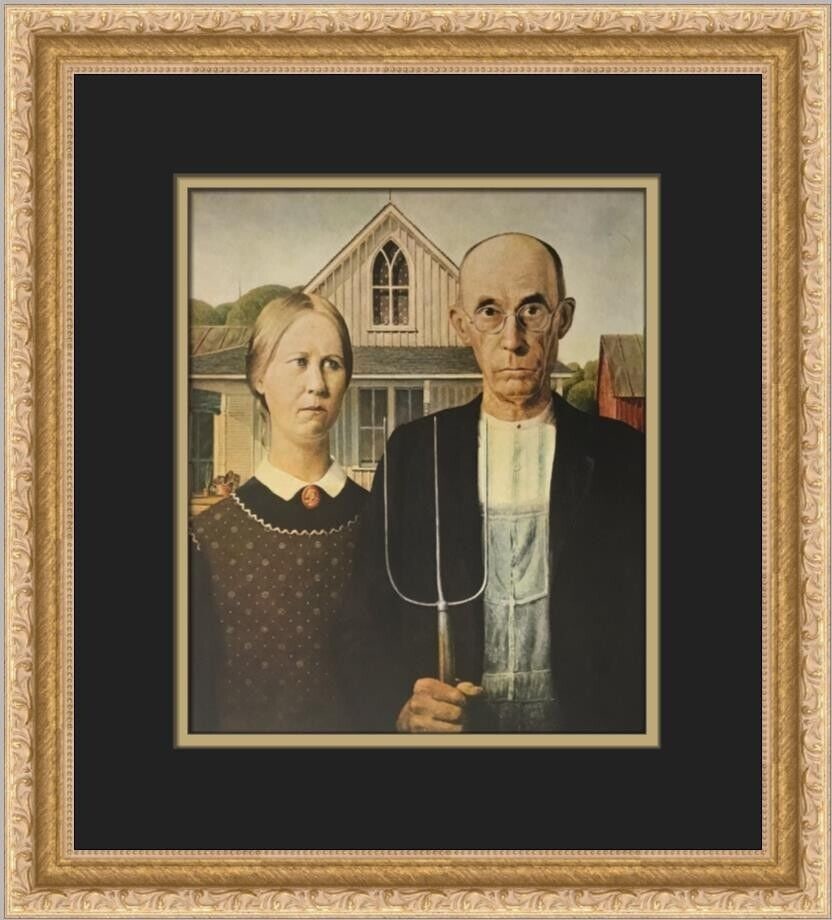 Grant Wood American Gothic Custom Framed Print 15 x 14 Impressionism: Grant Wood American Gothic Custom Framed Print 15 x 14 Impressionism This custom framed print of Grant Wood's iconic artwork "American Gothic" is a stunning addition to any art collection. Measuring 1