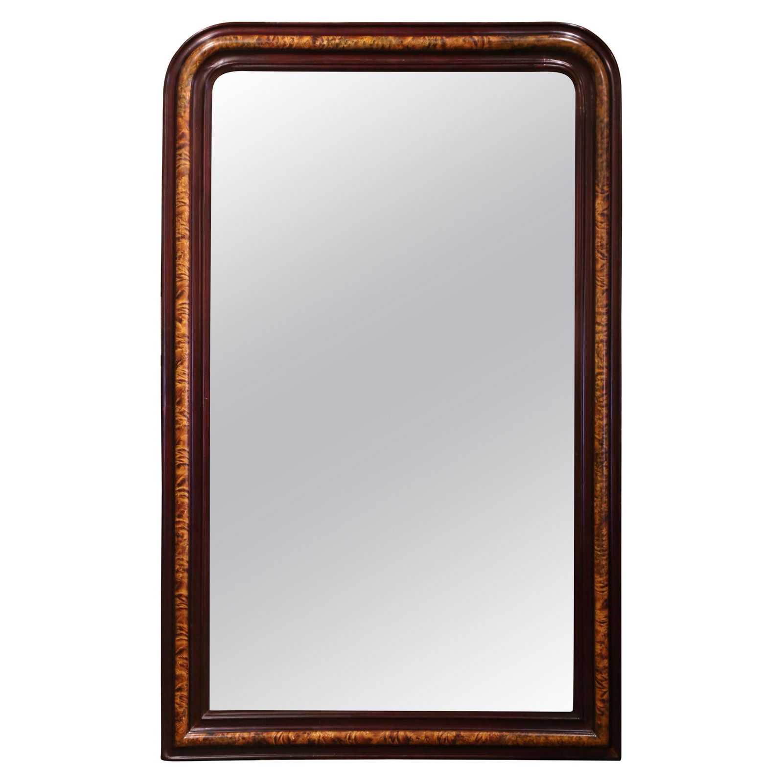 19th Century Louis Philippe Faux Burl Wood Wall Mirror 39.5 x 63.75 in: 19th Century Louis Philippe Faux Burl Wood Wall Mirror 39.5 x 63.75 in This elegant antique wall mirror was crafted in France, circa 1870. The tall frame is decorated with faux burl wood motifs in bet