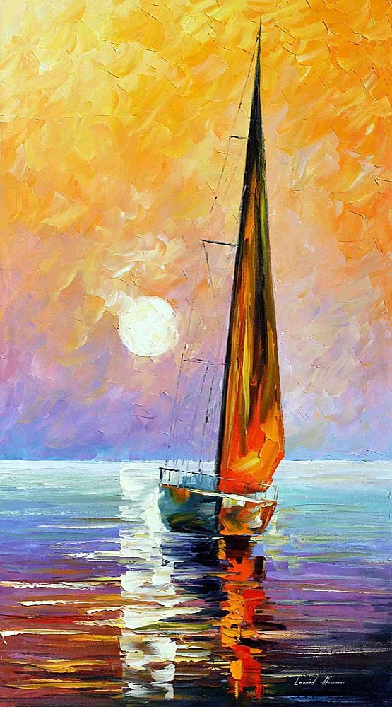 Leonid Afremov Gold Sailboat Limited Edition Giclee 91x137 cm: Leonid Afremov Gold Sailboat Limited Edition Giclee 91x137 cm This stunning limited edition giclee, titled "Gold Sailboat," is a remarkable hand-painted artwork by renowned artist Leonid Afremov. As p