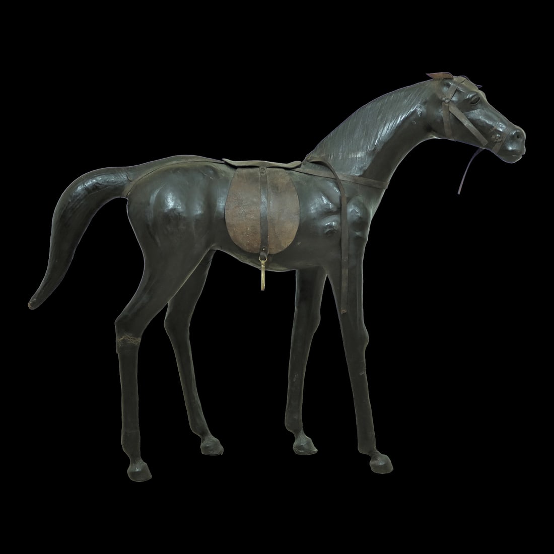 1930s Vintage Black Leather Horse Equestrian Statue 36 x 31 x 9: 1930s Vintage Black Leather Horse Equestrian Statue 36 x 31 x 9 This vintage leather horse equestrian statue, crafted circa 1930s, showcases fine details with tightly wrapped leather in a striking bla