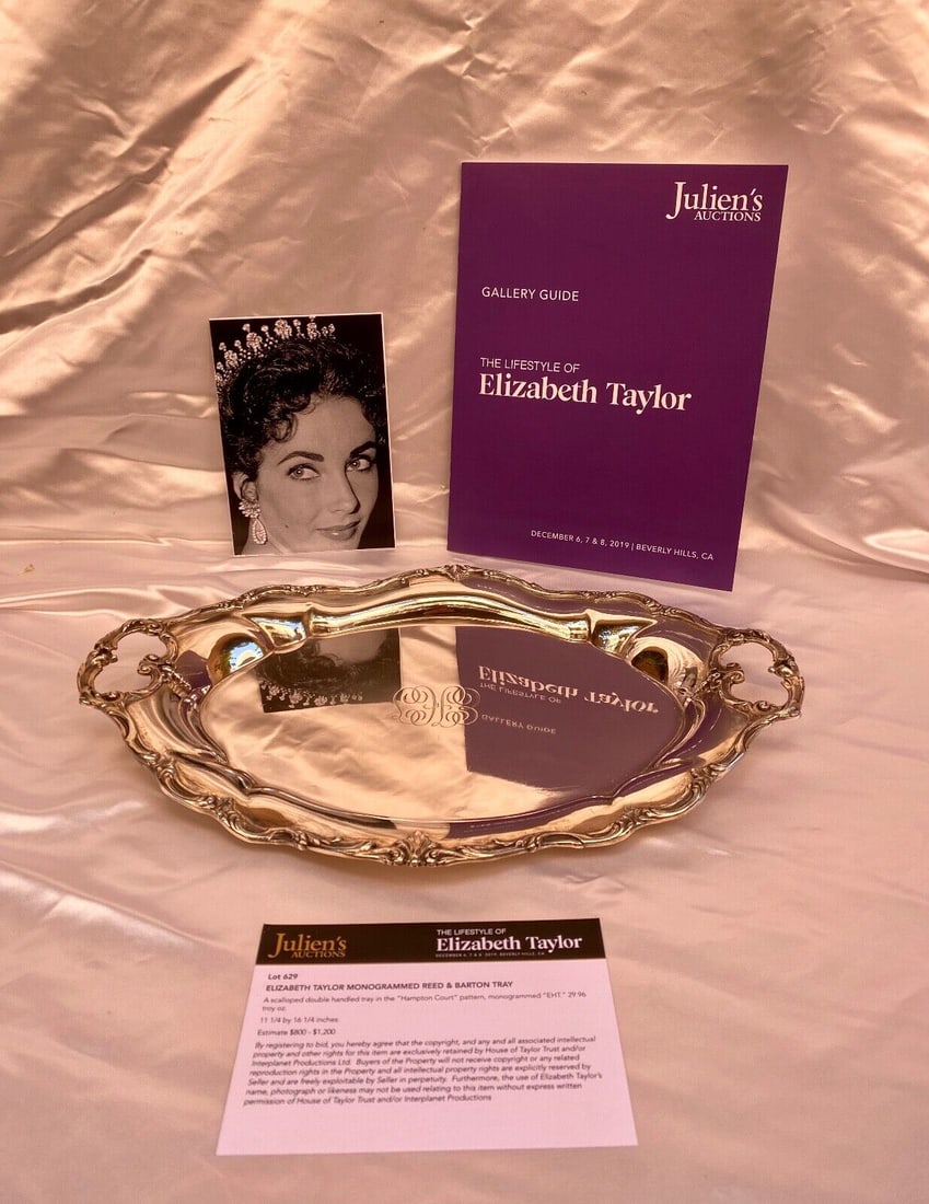 Elizabeth Taylor Monogrammed Reed & Barton Sterling Silver Tray 16.25" x 11.3": Elizabeth Taylor Monogrammed Reed & Barton Sterling Silver Tray 16.25" x 11.3" This exquisite sterling silver tray, crafted by Reed & Barton in the elegant Hampton Court pattern, hails from the estate