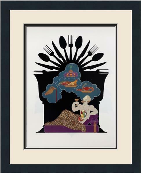 Erte Gluttony Art Deco Print Custom Framed 16 x 18 USA: Erte Gluttony Art Deco Print Custom Framed 16 x 18 USA This exquisite print titled "Gluttony" is part of the renowned Seven Deadly Sins series by the celebrated artist Erte. It features an Art Deco st
