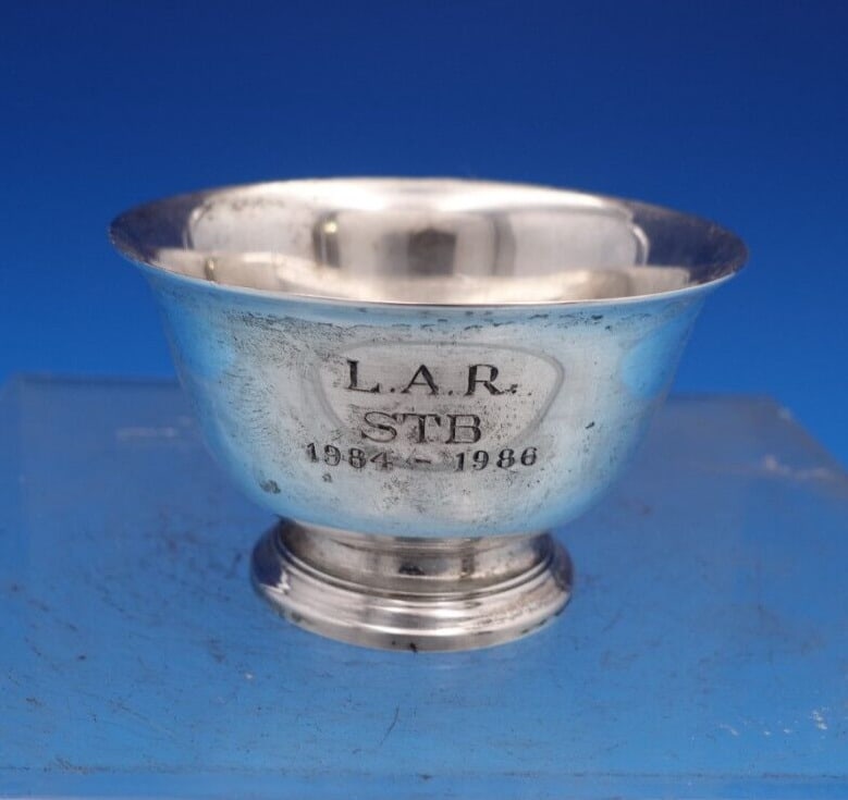 Tiffany & Co Faneuil Sterling Silver Salt Dip 1 3/4 x 2 1/2 Monogrammed: Tiffany & Co Faneuil Sterling Silver Salt Dip 1 3/4 x 2 1/2 Monogrammed Discover the exquisite Faneuil salt dip from Tiffany & Co., crafted from high-quality sterling silver (.925). This elegant salt 