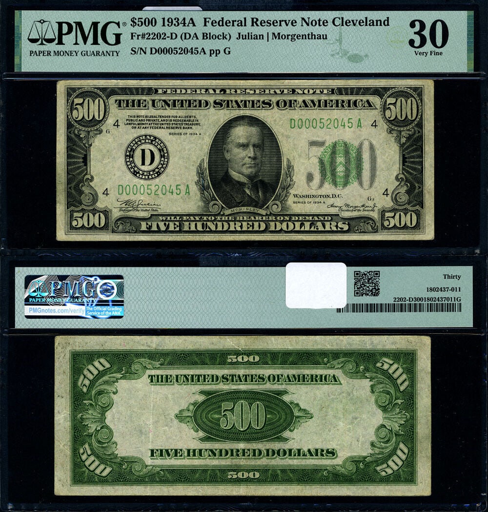 1934-A $500 Federal Reserve Note Cleveland D-A Block PMG VF30: 1934-A $500 Federal Reserve Note Cleveland D-A Block PMG VF30 This 1934-A $500 Federal Reserve Note is a remarkable piece of currency history, featuring the D-A block from the Cleveland district. Cert