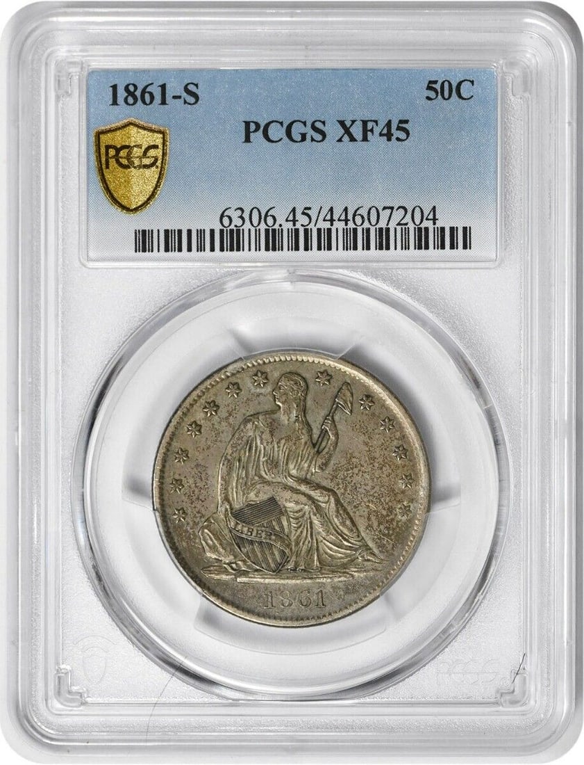 1861-S Liberty Seated Half Dollar EF45 PCGS Silver Coin: 1861-S Liberty Seated Half Dollar EF45 PCGS Silver Coin This 1861-S Liberty Seated Silver Half Dollar is a noteworthy collectible coin, featuring a beautiful design by Thomas Sully and Christian Gobre