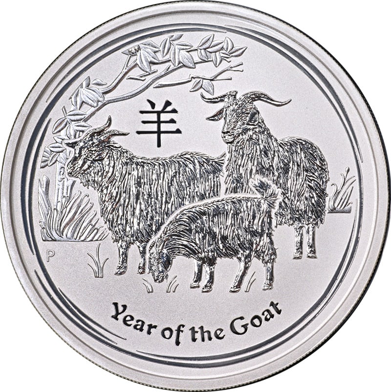 2015 Australia 5oz Silver Year of the Goat Lunar Series II BU Coin: 2015 Australia 5oz Silver Year of the Goat Lunar Series II BU Coin This 2015 Australia 5 Ounce Silver coin celebrates the Year of the Goat from the Lunar Series II. It features a brilliant uncirculate