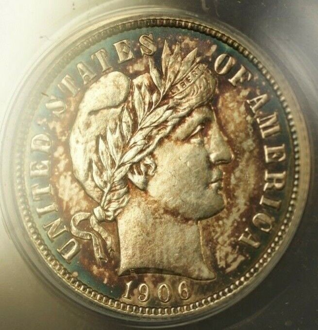 1906-D Barber Silver Dime 10C ANACS AU-58 Toned Coin: 1906-D Barber Silver Dime 10C ANACS AU-58 Toned Coin This 1906-D Barber Silver Dime, certified by ANACS, features a beautiful toning effect, reflecting its history and character. It is in AU-58 condit
